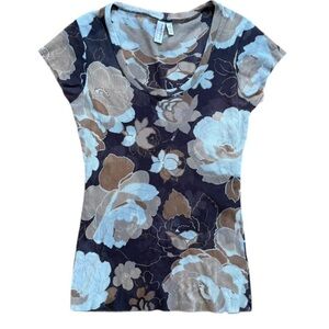 Sweat Pea Brown Floral Mesh Print Women's Top Size XL